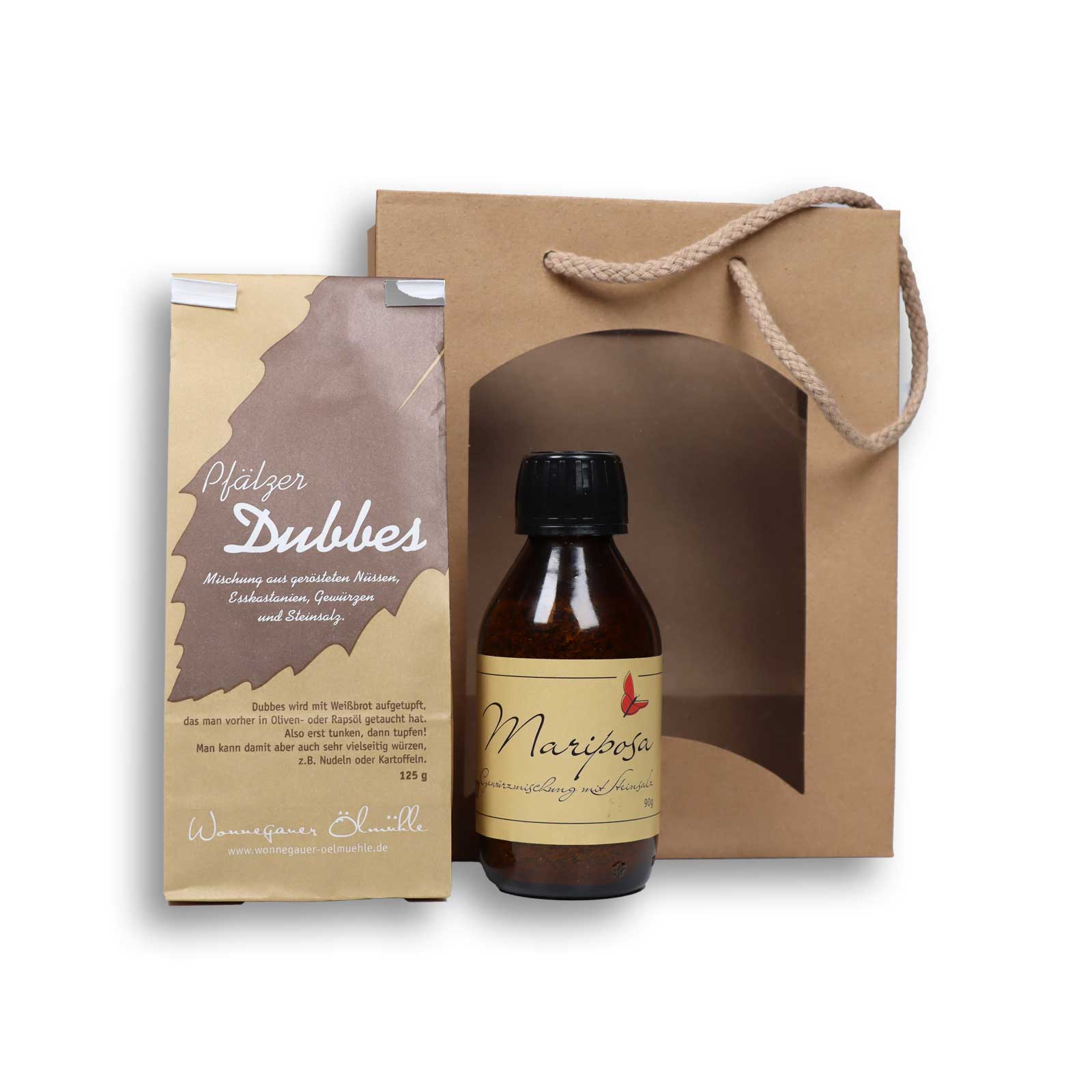 Pfälzer Dubbes und Mariposa Gewürzmischung stehen vor der Tragetasche