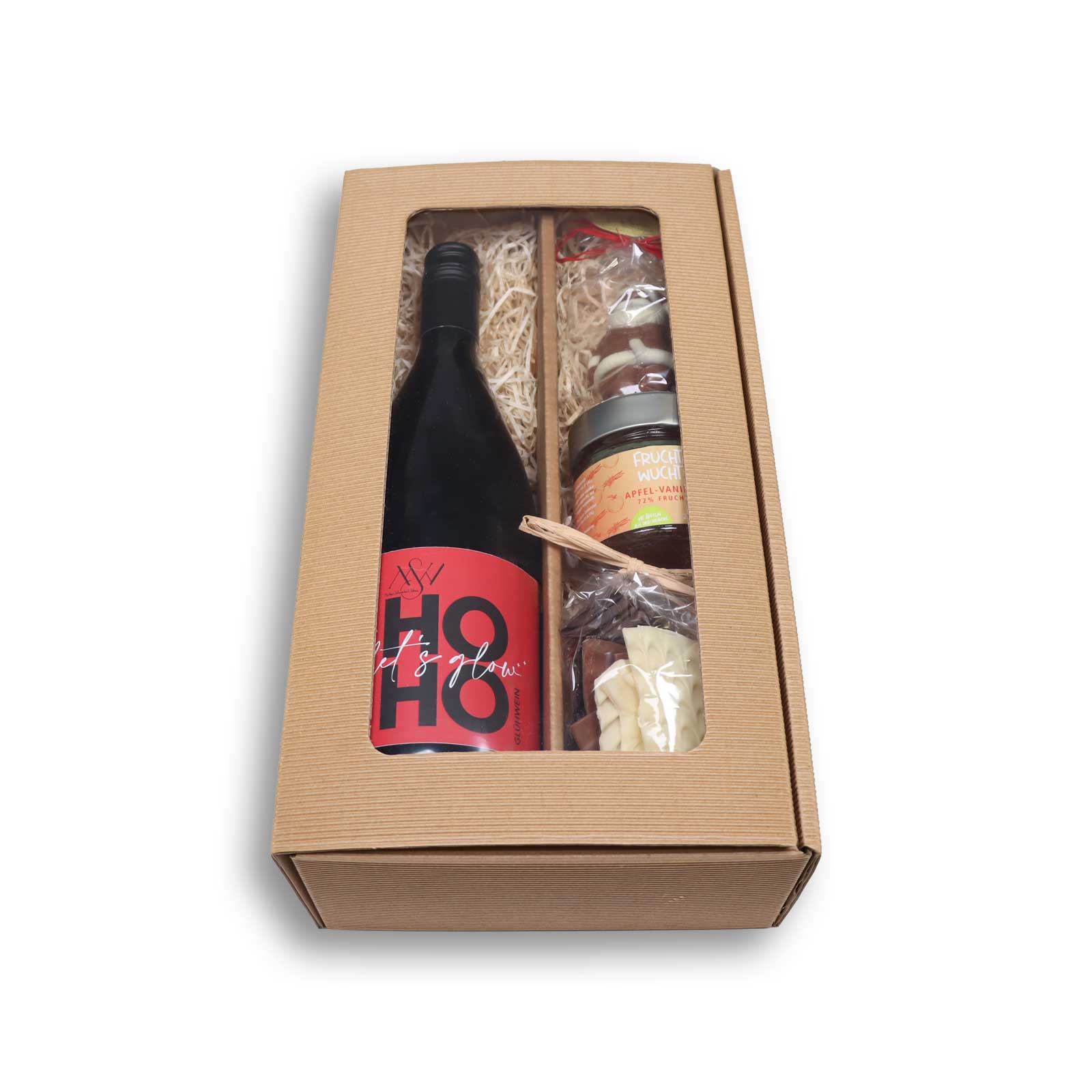 Merchwerk Weihnachtsbox Frontansicht Produkte eingepackt