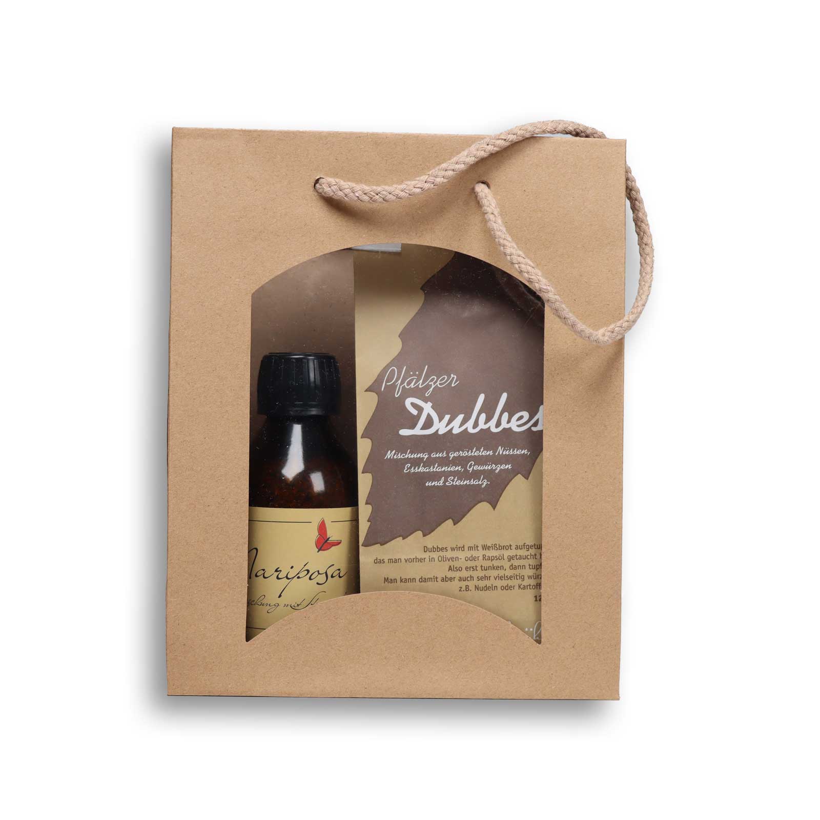 Pfälzer Dubbes und Mariposa Gewürzmischung stehen in der Tragetasche vor weißem Hintergrund