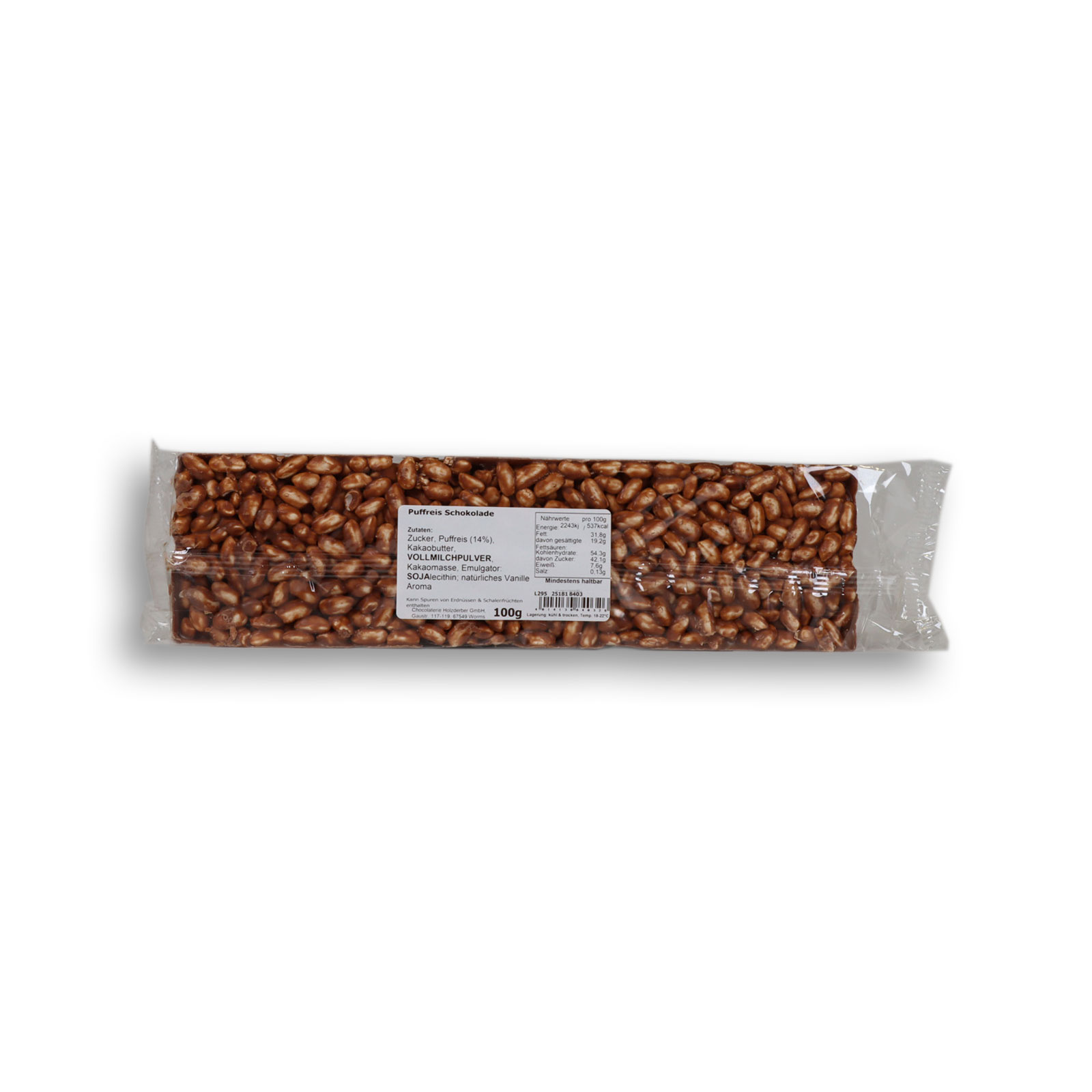 Puffreis in Vollmilchschokolade mit Zutaten und Nährwertangaben