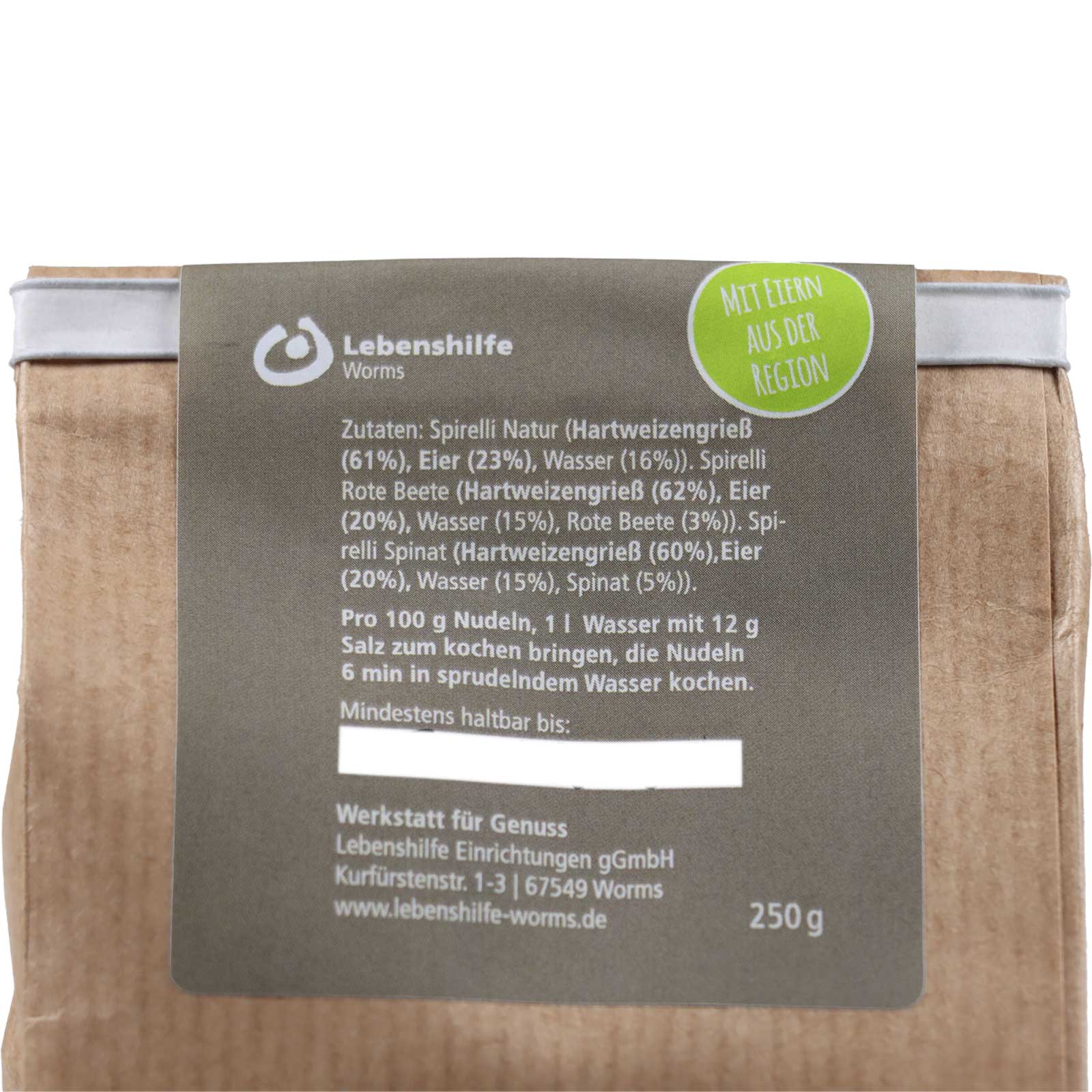 Zutatenliste der Spirelli Tricolore bestehend aus Hartweizengrieß, Eier, Wasser, Rote Beete und Spinat