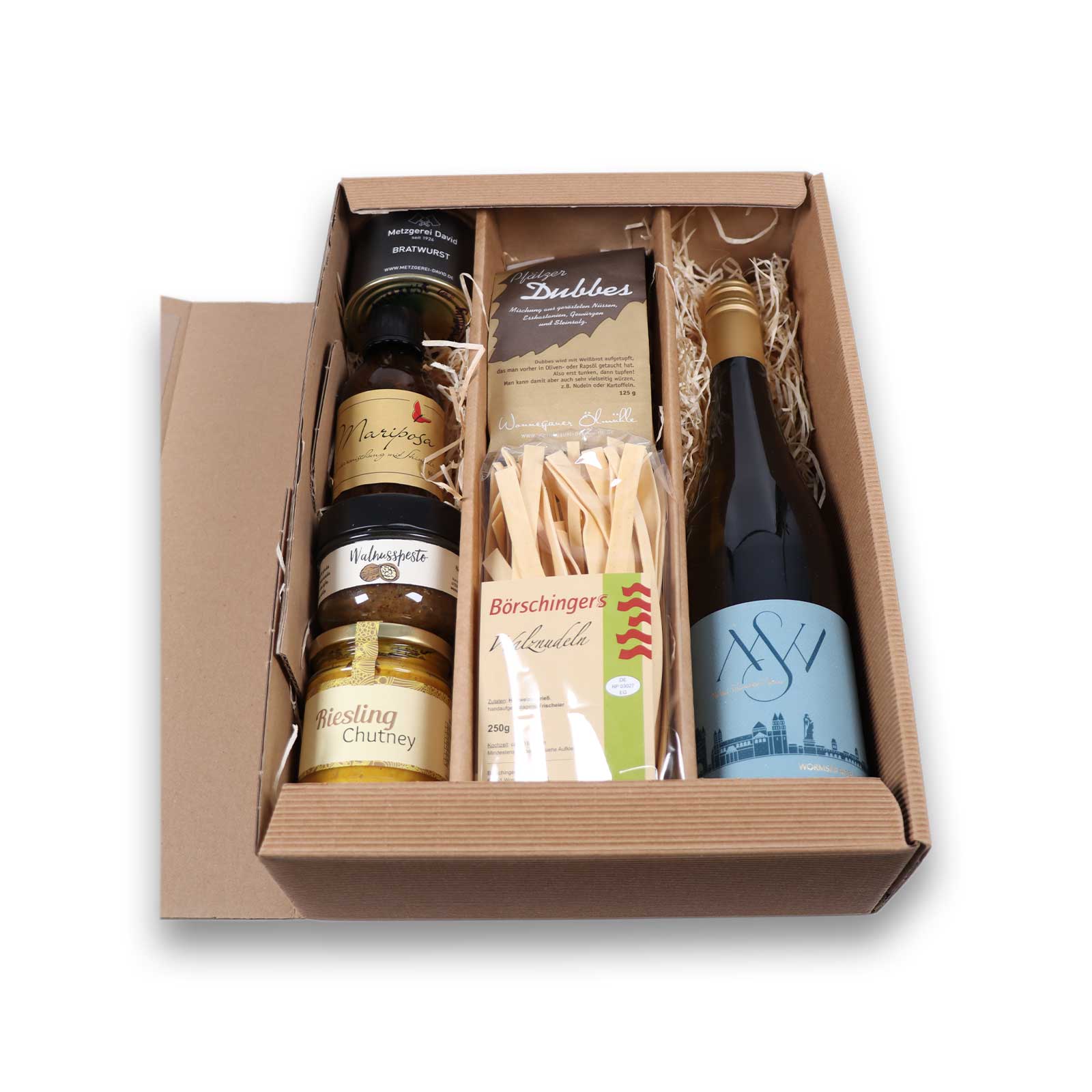Die Wormser Box beinhaltet Nudeln, Pesto's, Wein, Feinkost & mehr