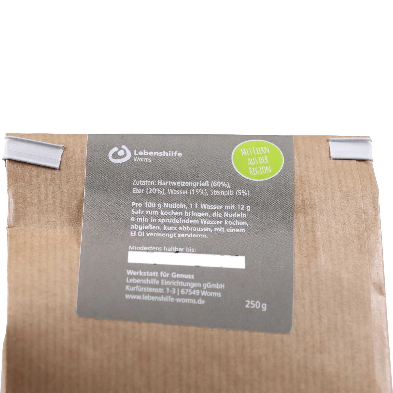 Zutatenliste der Engelslocken Spinat, hergestellt aus Hartweizengrieß, Eier, Wasser und Steinpilz