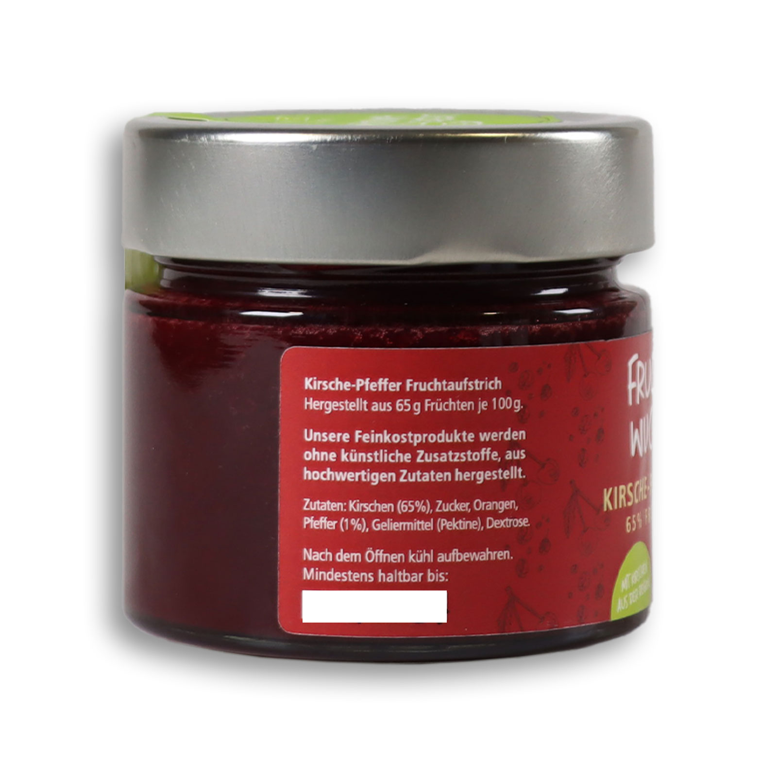 Ansicht auf die Inhaltsangaben des Kirsche-Pfeffer Fruchtaufstrich