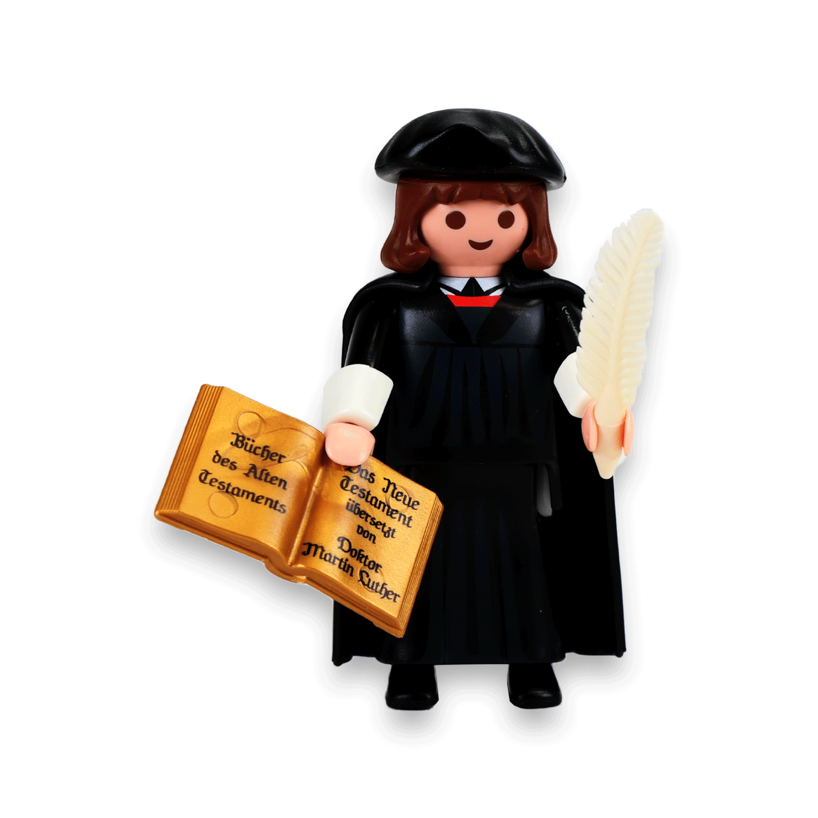 Der kleine Luther von Playmobil mit der Schreibfeder und Bibel.