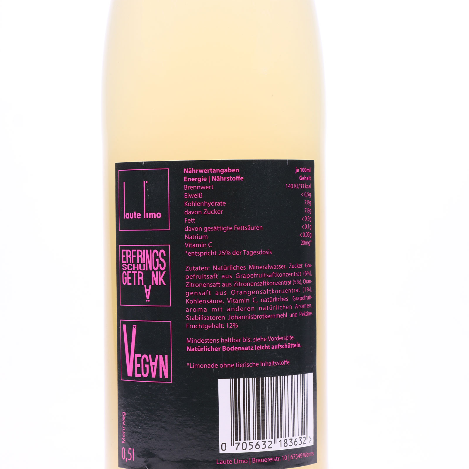 Rückansicht des Labels der Laute Limo Grapefrucht mit Herstellerangaben.