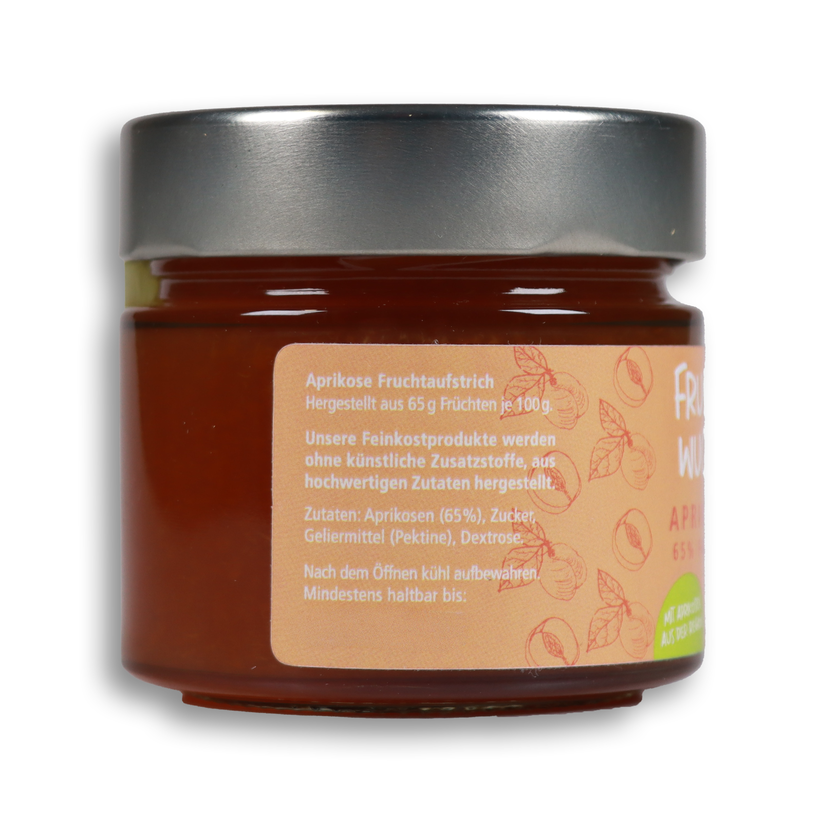 seitliche Ansicht des Fruchtwucht Aprikosen Fruchtaufstrich nach rechts gedreht