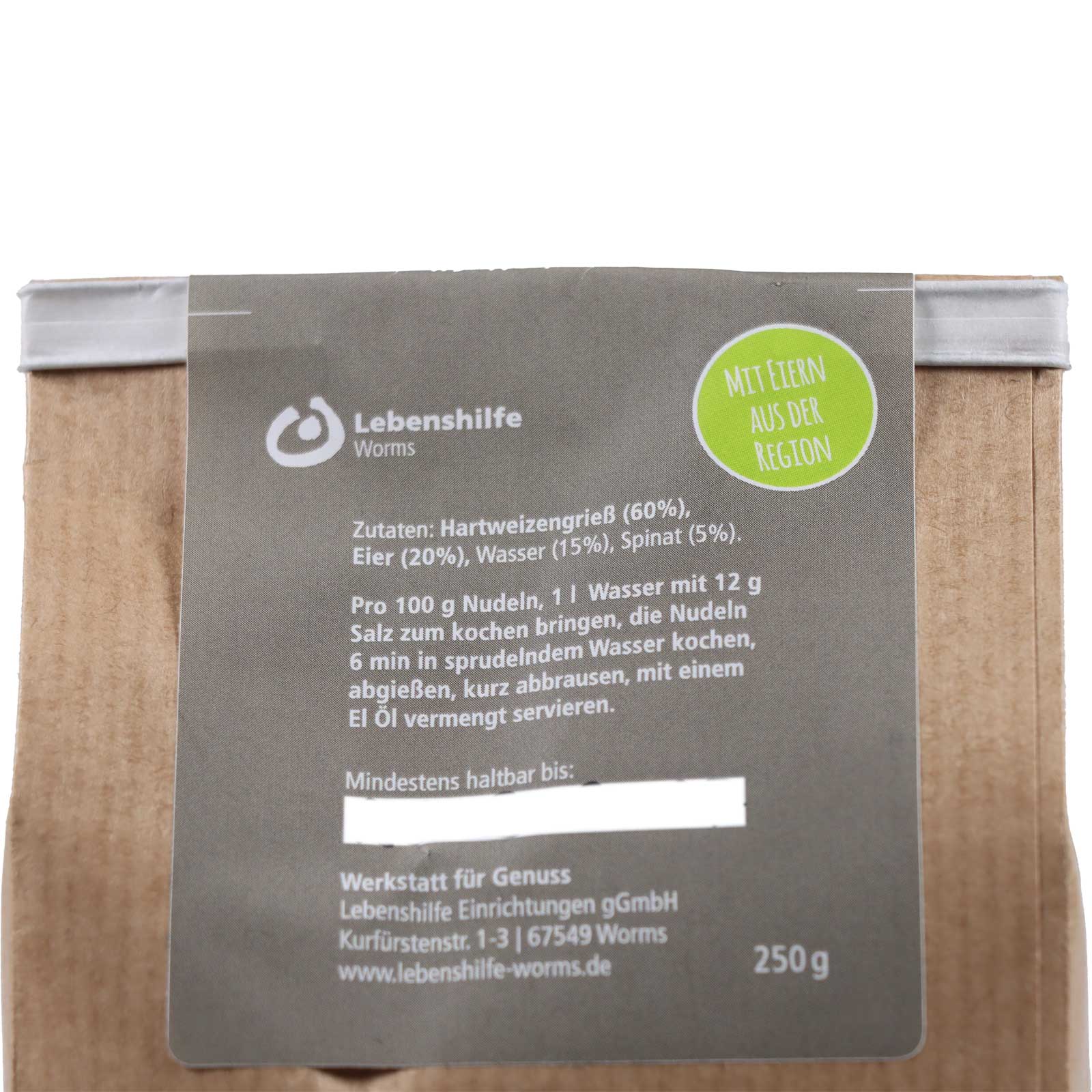 Zutatenliste der Spirelli Spinat bestehend aus Hartweizengrieß (60%), Eier (20%), Wasser (15%) und Spinat (5%)