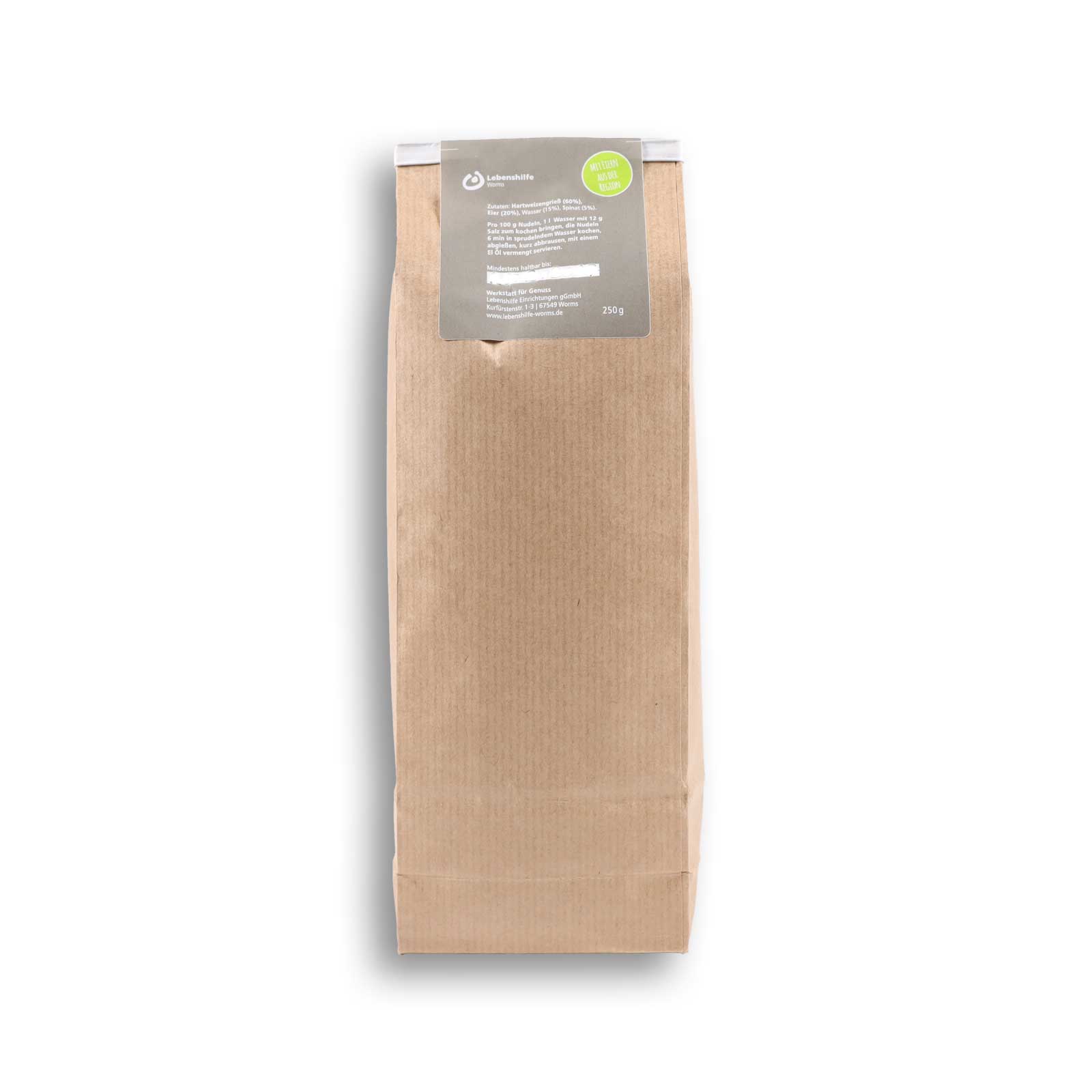 Rie Rückseite der Papiertütenverpackung von den Spirelli Spinat