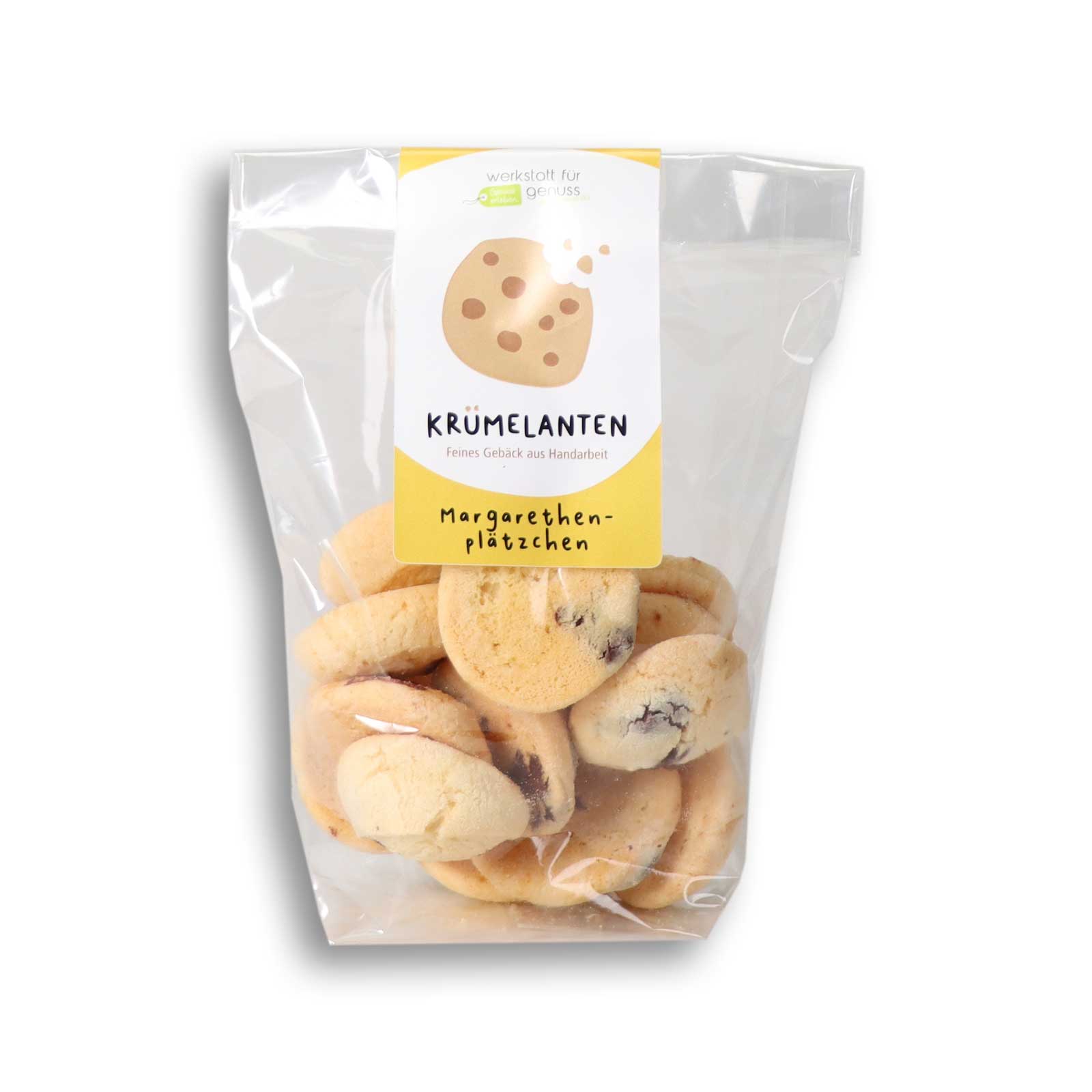 Margarethenplätzchen 150g von der Werkstatt für Genuss ist frontal vor weißem Hintergrund abgebildet.