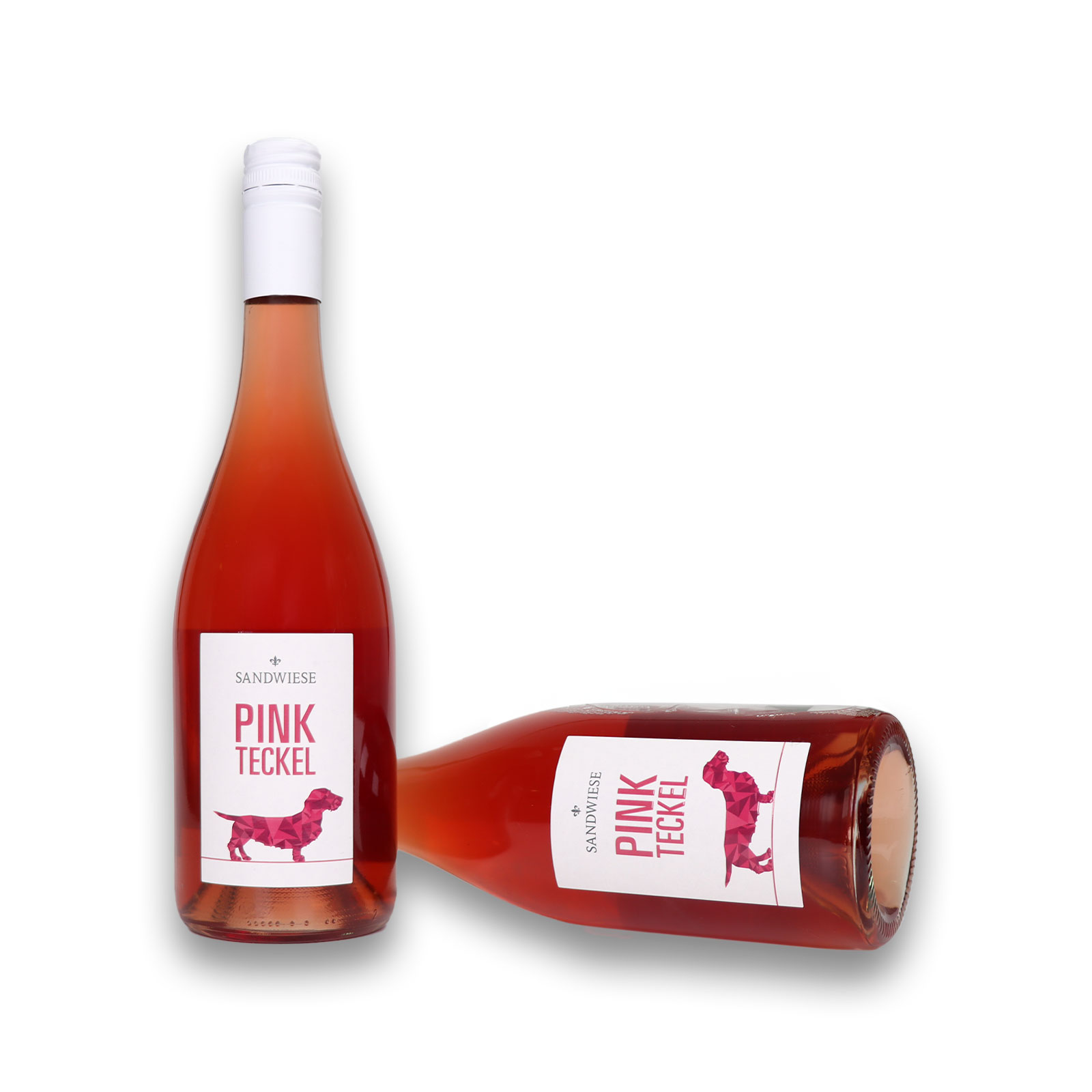 Rückseite mit Angaben zum PINK TECKEL Rosé Cuvée trocken von dem Weingut Sandwiese.