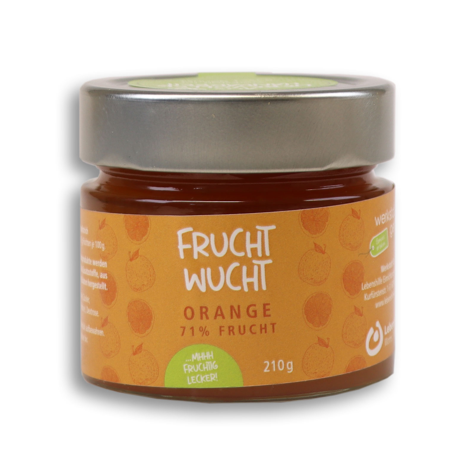 Ansicht Fruchtwucht Orangen Fruchtaufstrich von der Werkstatt für Genuss vor weißem Hintergrund.
