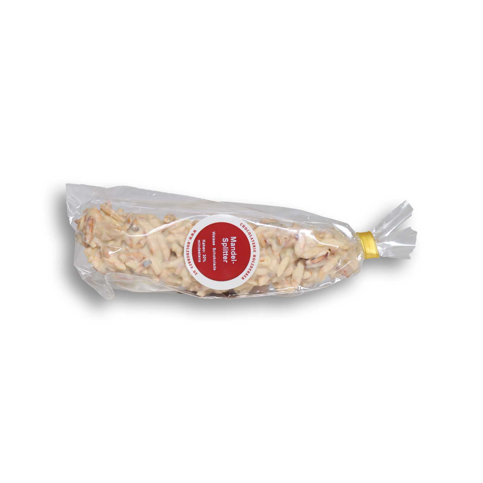 Mandelsplitter weiße Schokolade seitlich von vorne liegend