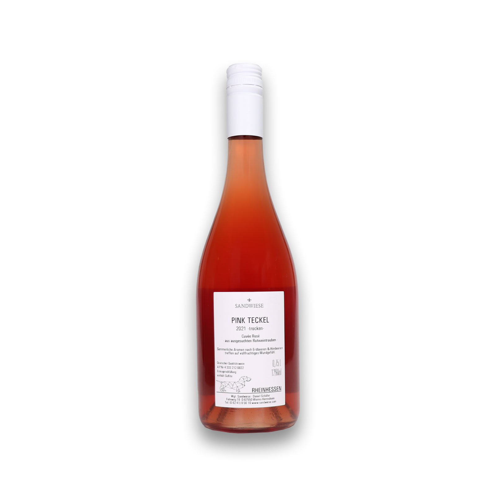 Rückseite mit Angaben zum PINK TECKEL Rosé Cuvée trocken  von dem Weingut Sandwiese.