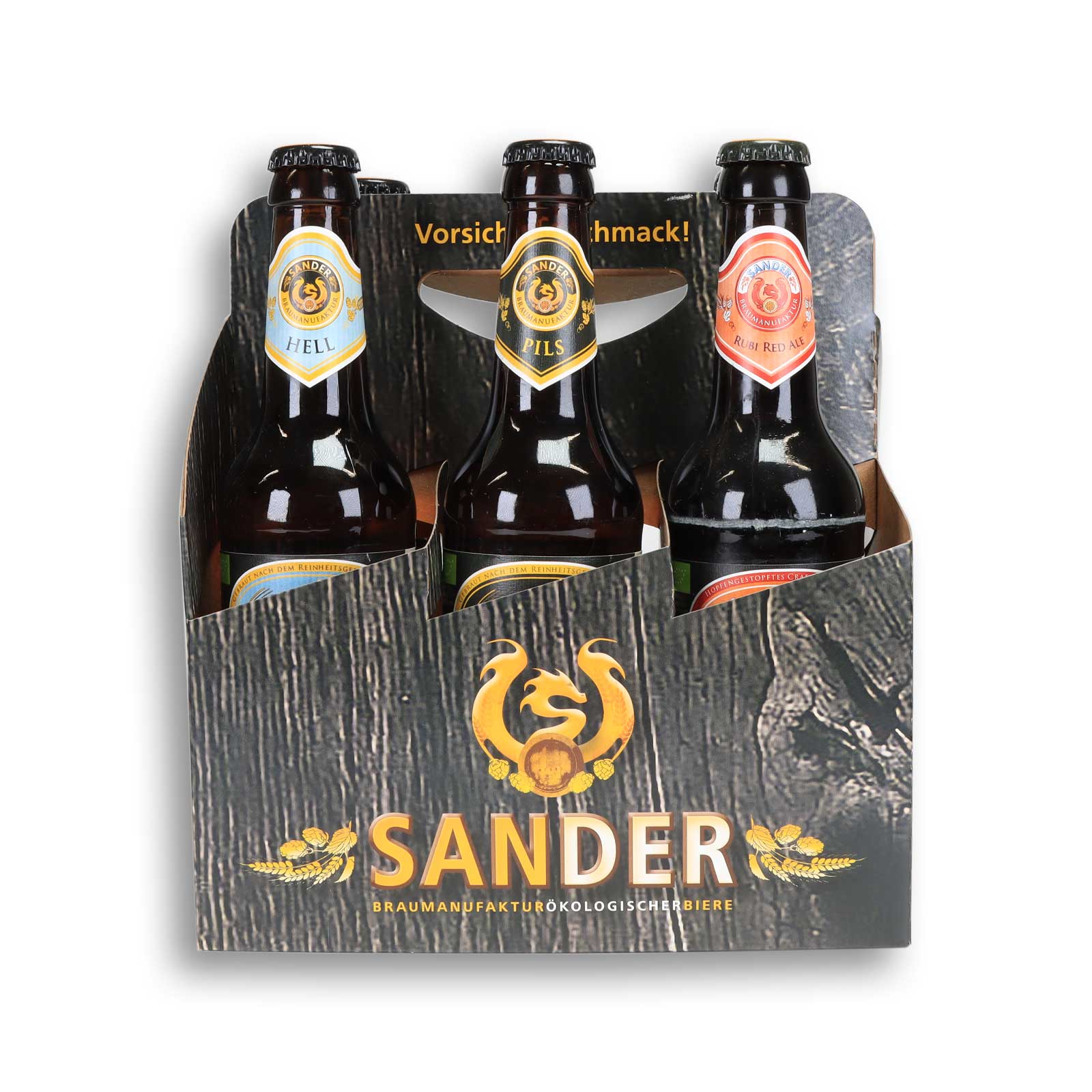 Seitenansicht des Probier Sixpacks mit allen 3 Bier Sorten.