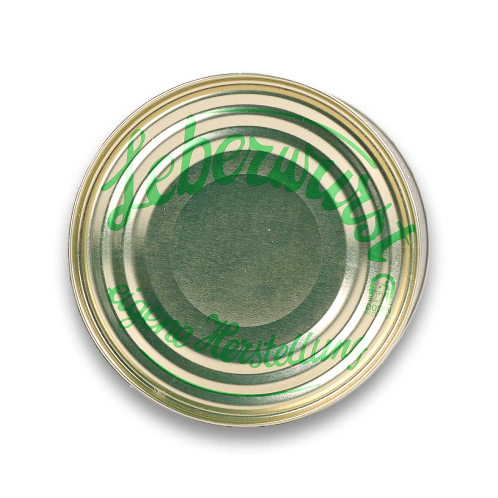 Unterseite mit Beschriftung Leberwurst aus eigener Herstellung und Dose recyclebar.