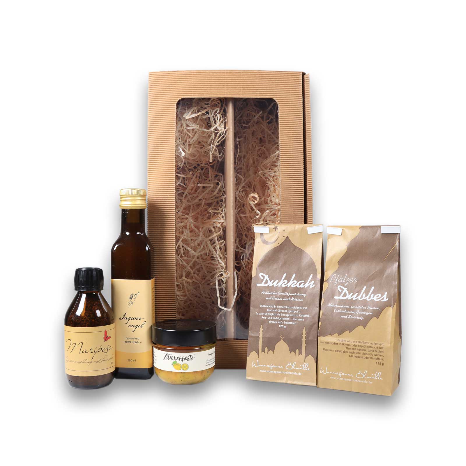 Wonnegauer Ölmühle Geschenk-Box, alle Produkte vor der Box