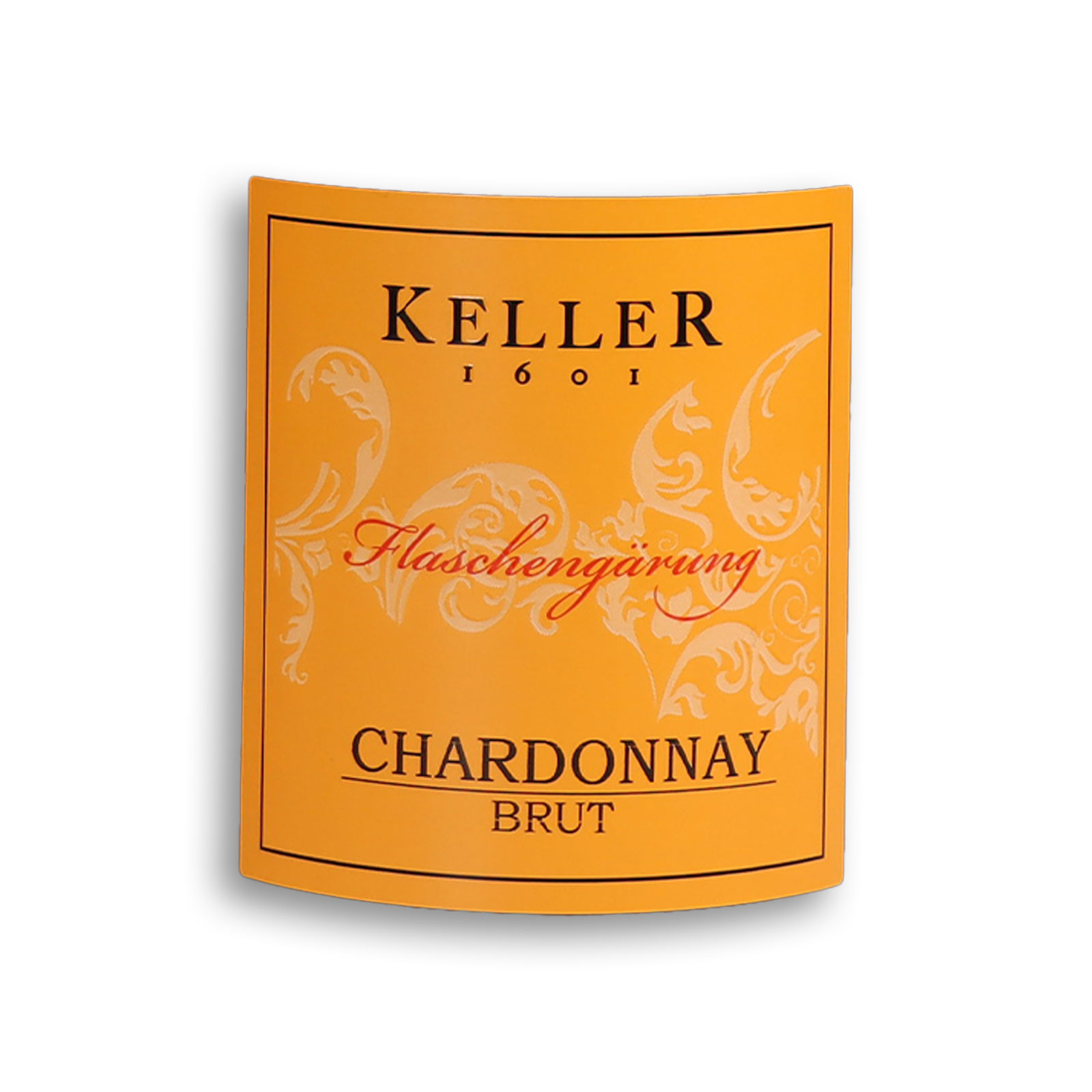 Chardonnay Secco extra trocken Etikett Nahaufnahme vor weißem Hintergrund
