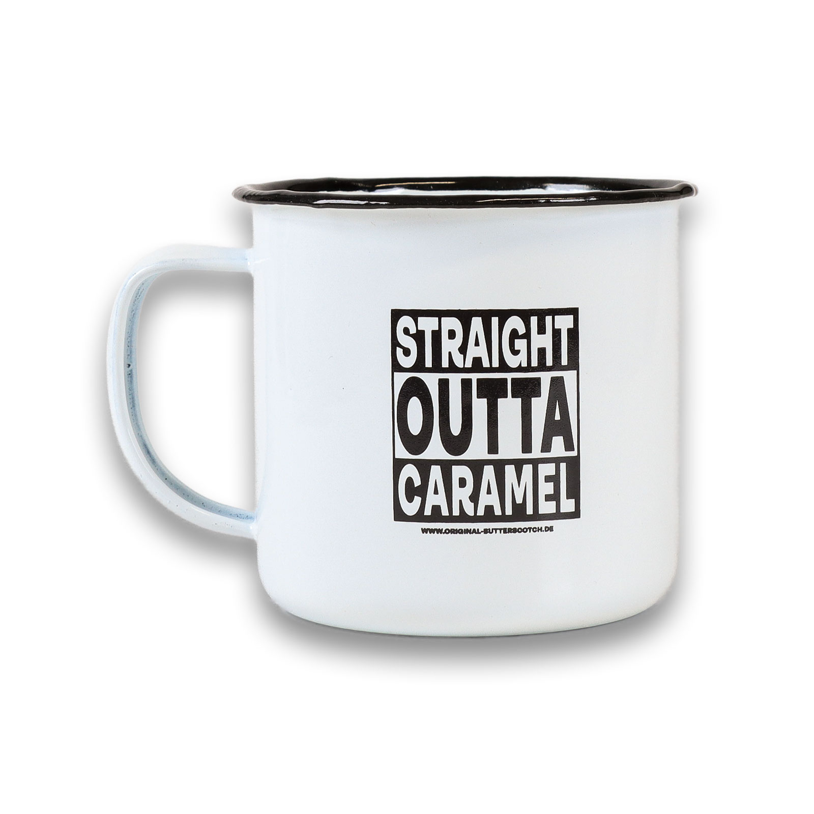 Butterscotch Emaille Tasse mit "Straight Outta Caramel"-Spruch