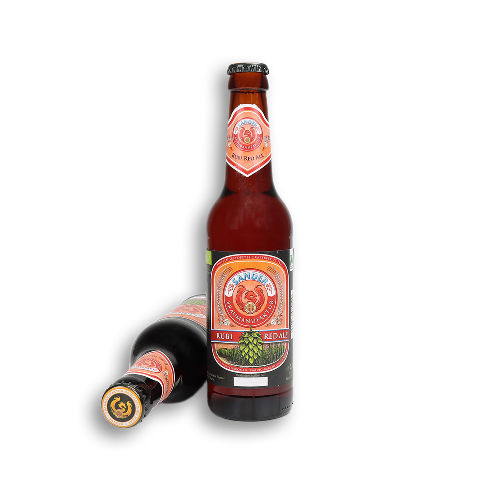 Zusammenstellung des Rubi Red Ale Bieres bestehend aus Gerstenmalz, Hopfen und Wasser.