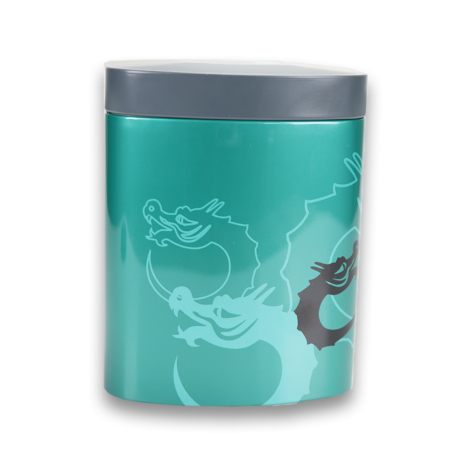 Ansicht der smaragd-grünen Fafnir Teedose Smaragd Nibelungentee Edition vor weißem Hintergrund.