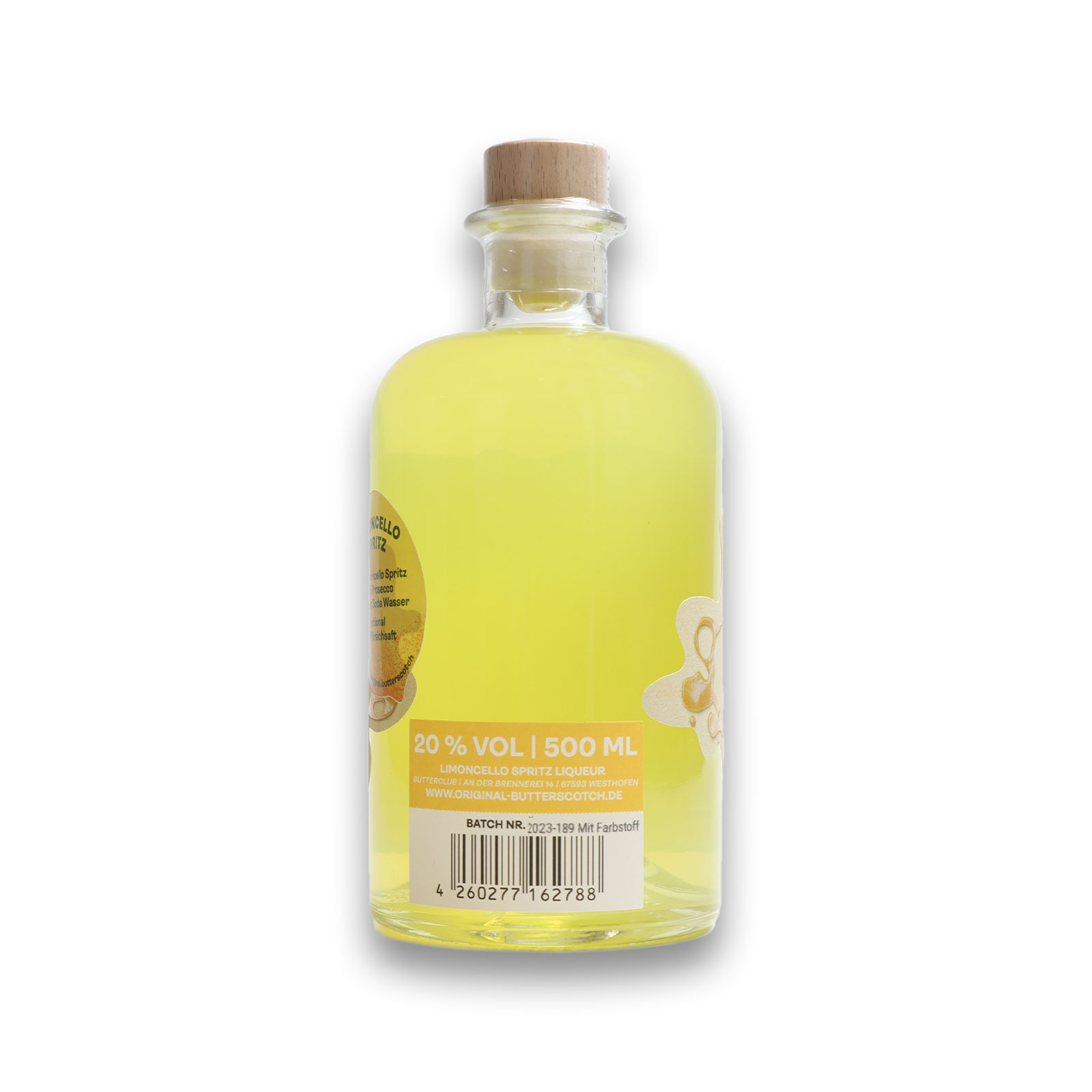 butterscotchlimoncelloback.jpg = Etikett auf der 500ml Limoncello Spritz Flasche mit Angabe über den Alkoholgehalt.