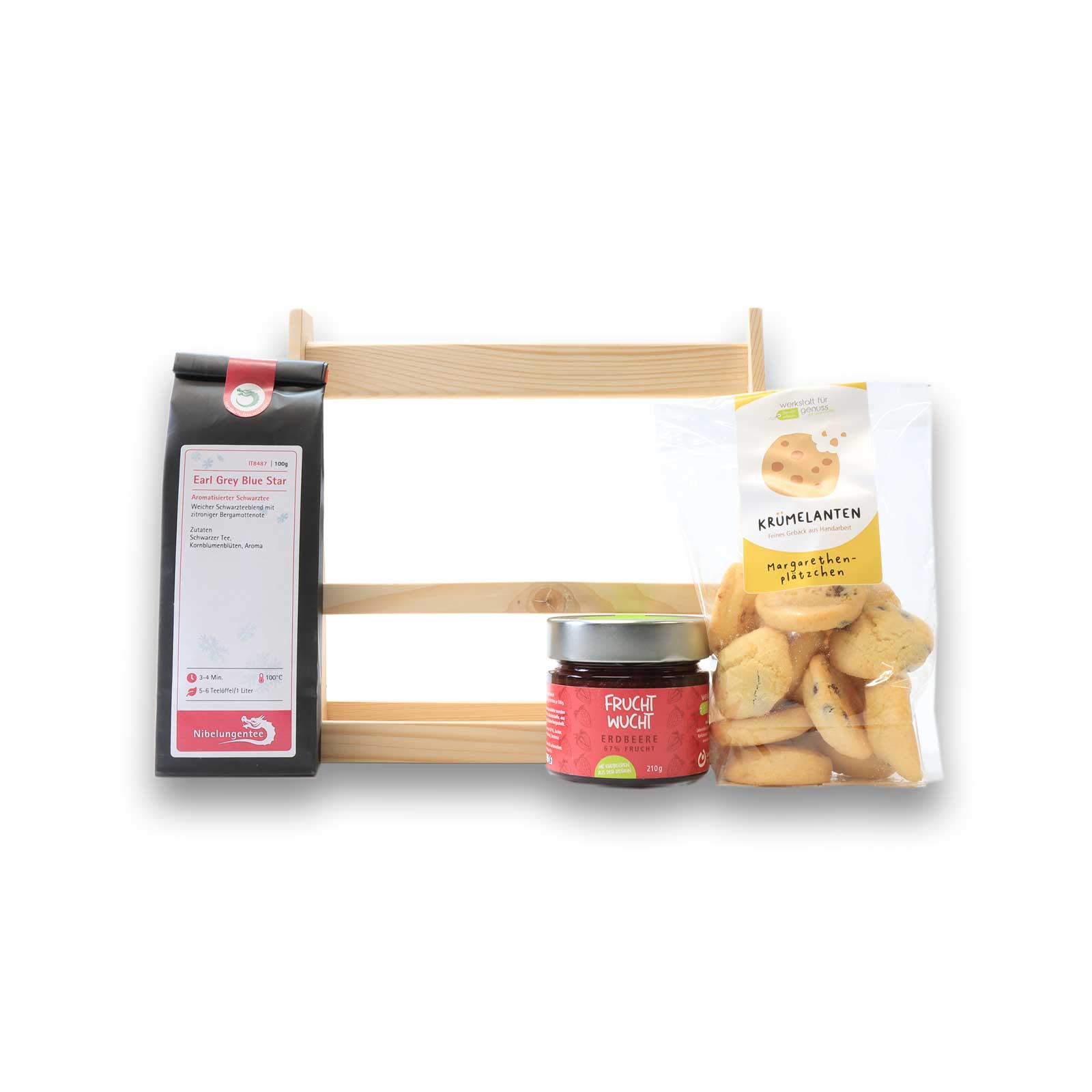 Earl Grey Bluestar 100g lose Teemischung, Margarethenplätzchen in 150g Packung von der Werkstatt für Genuss und dem Fruchtwucht Erdbeer Fruchtaufstrich (21