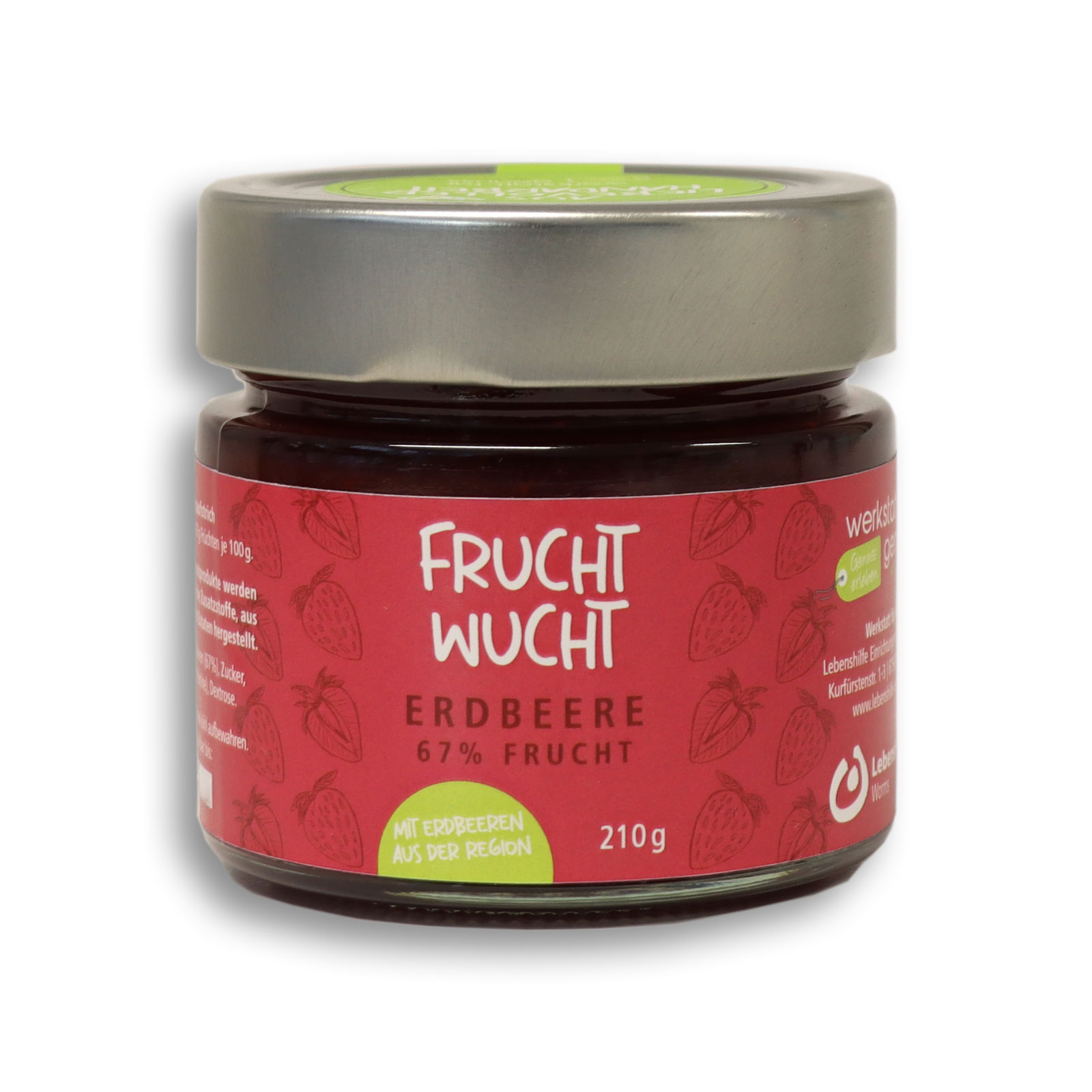 Der Fruchtwucht Erdbeer Fruchtaufstrich 210g von der Werkstatt für Genuss vor weißem Hintergrund frontal abgebildet.