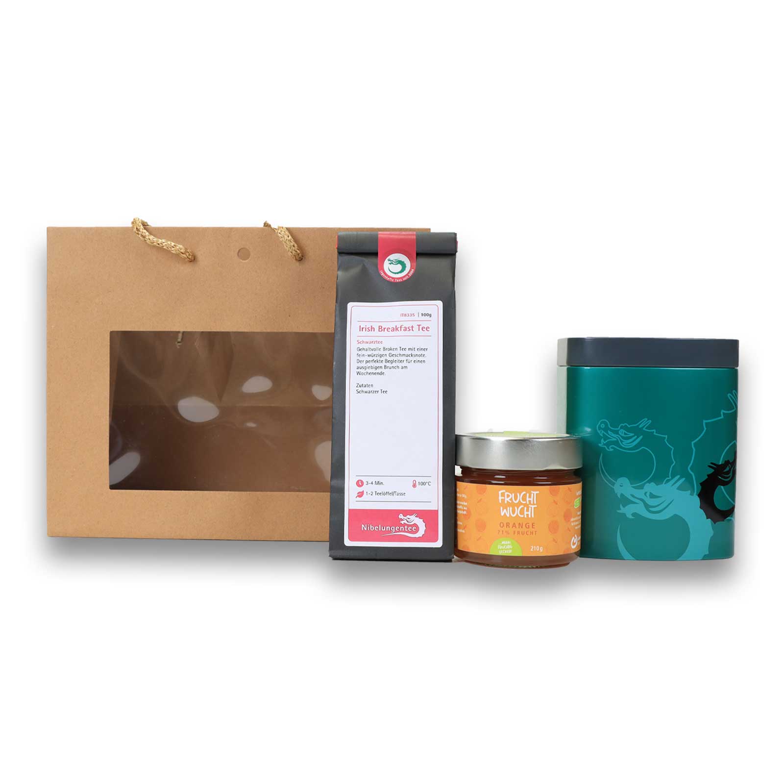 Irish Breakfast Tea Set mit den enthaltenen Produkten neben der Präsenttüte