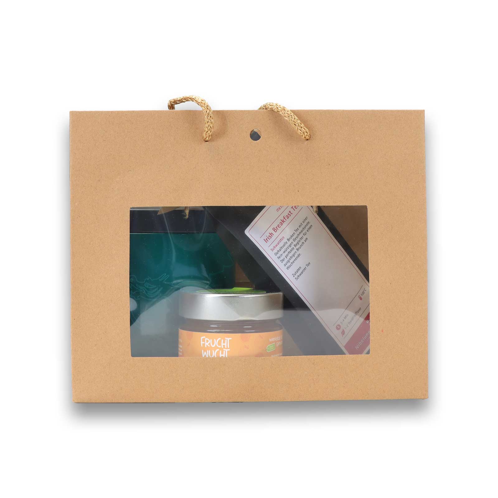 Das irish Breakfast Tea Set komplett mit alle enthaltenen Produkten in einer Präsenttragetasche vor weißem Hintergrund in frontaler Ansicht.