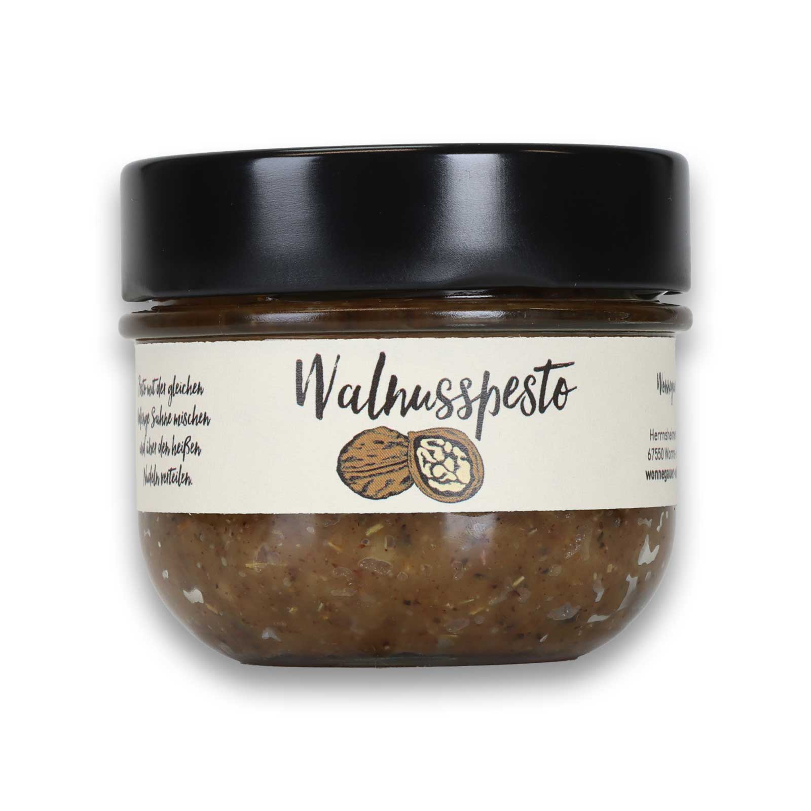 Walnusspesto von der Wonnegauer Ölmühle Frontalansicht vor weißem Hintergrund