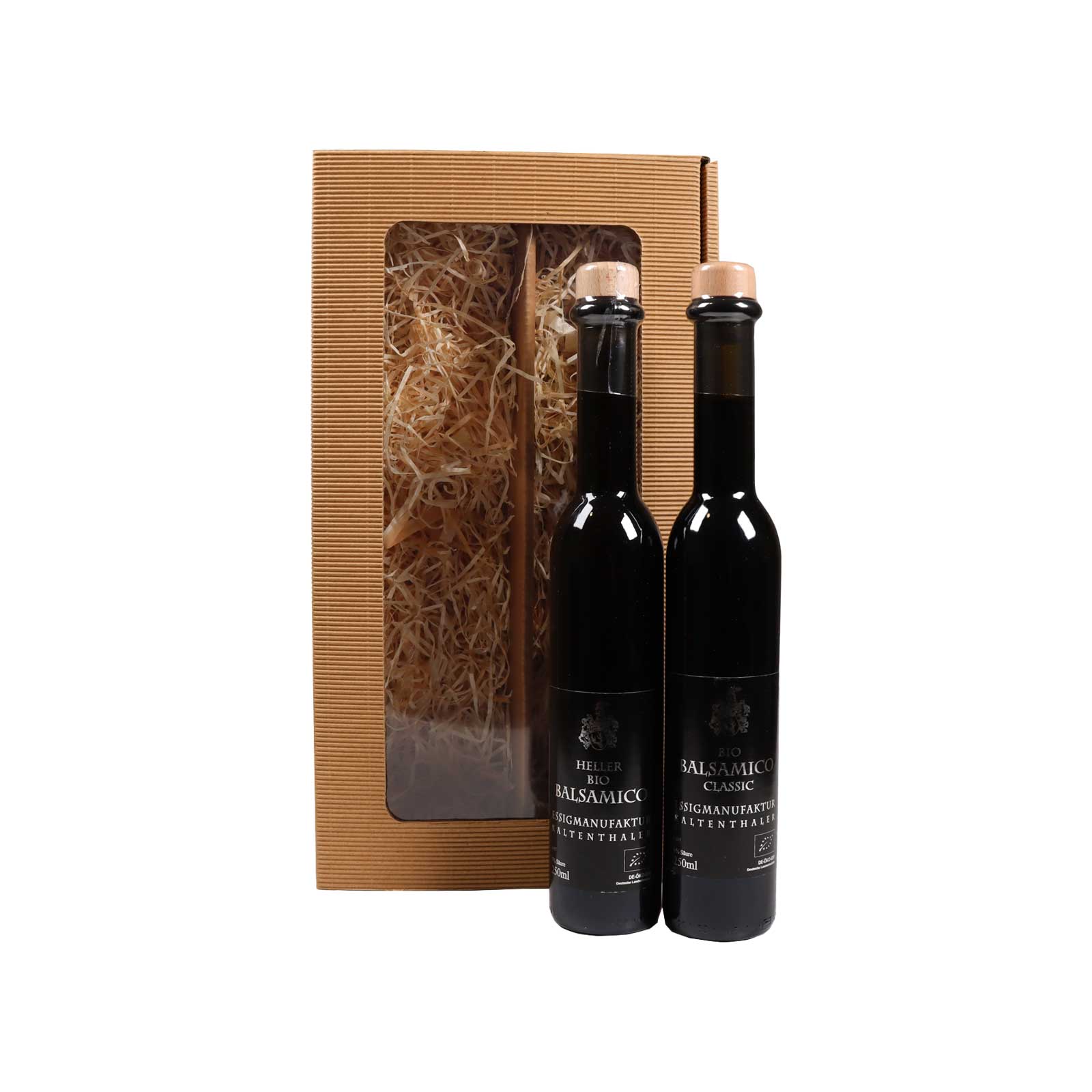 Beide Balsamicos stehen vor der Geschenkbox