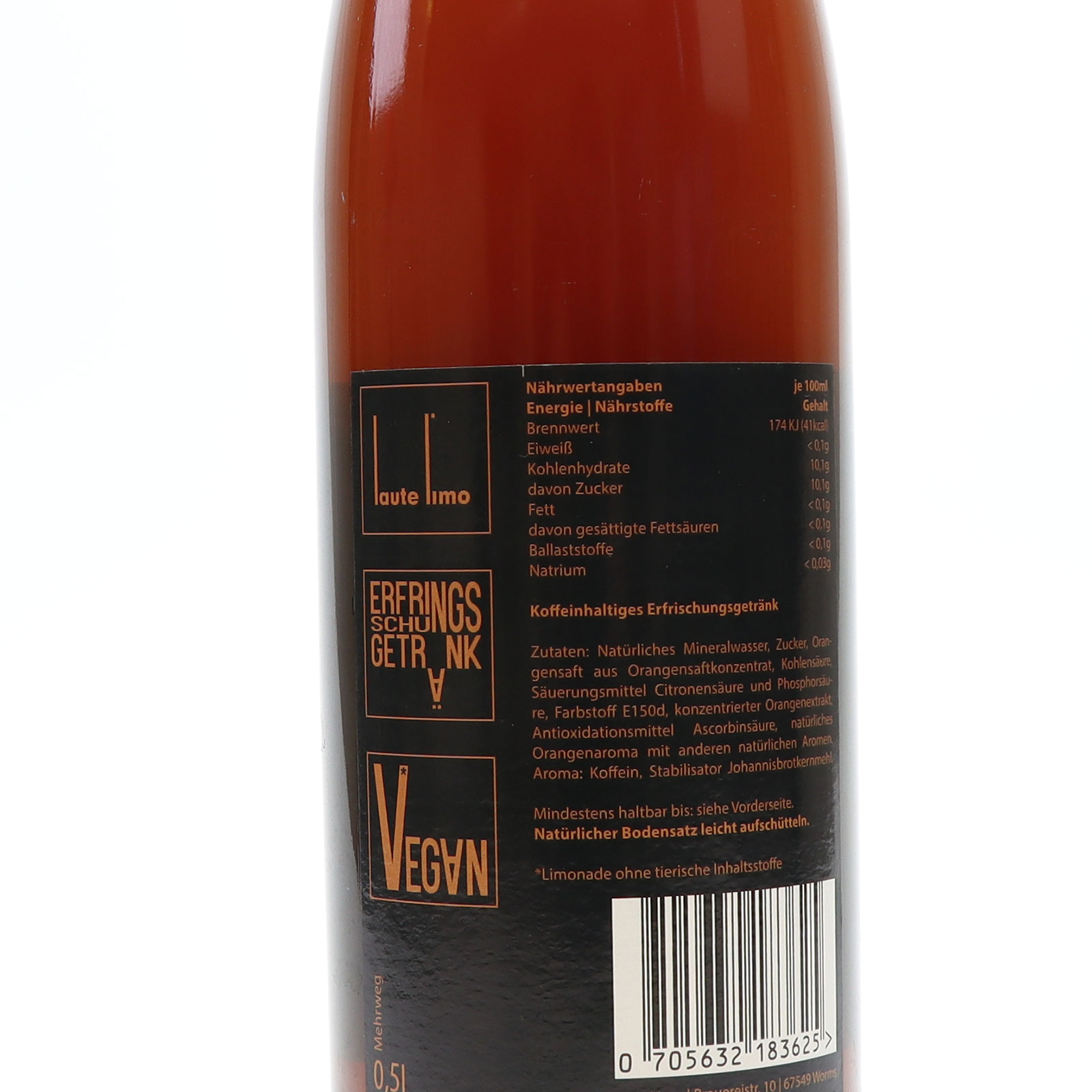 Rückseite der Lauten Limo Cola-Orange mit Produktinformationen und Herstellerinfos.