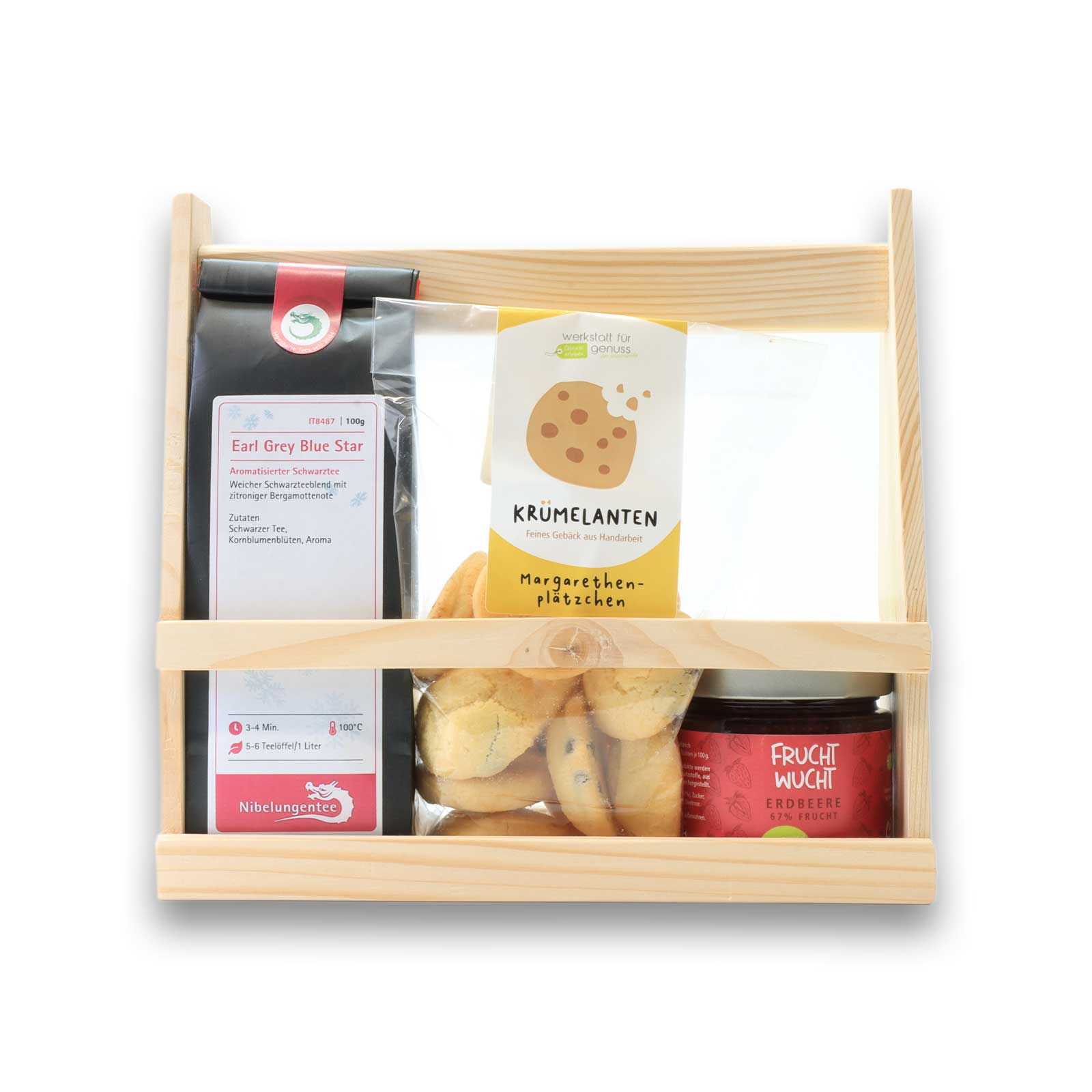 Das Set mit den enthaltenen Produkten im Holztäger vor weißem Hintergrund