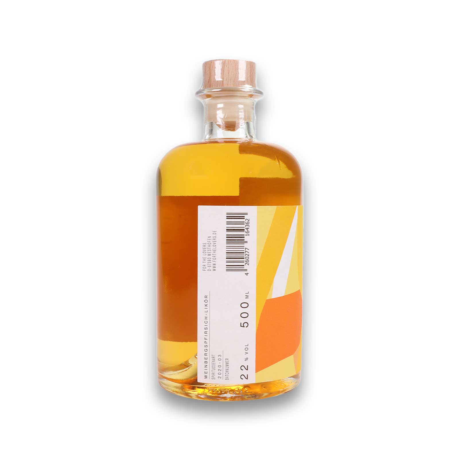Rückseiten-Etikett des Weinbergspfirsich Likör mit der Angabe 500ml und 20% vol.