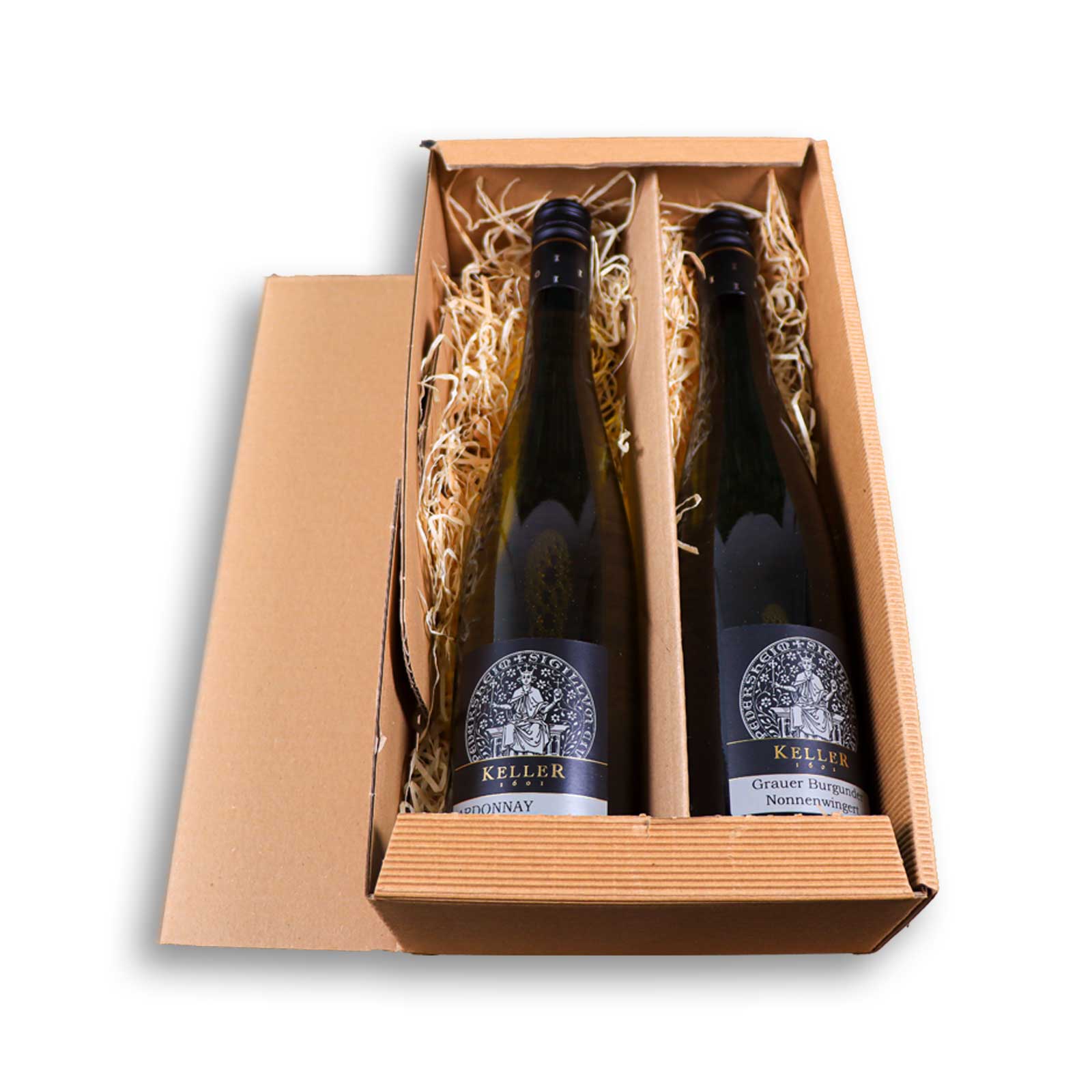 Nahaufnahme der Präsentbox mit den regionalen Weinen des Weingut Kellers