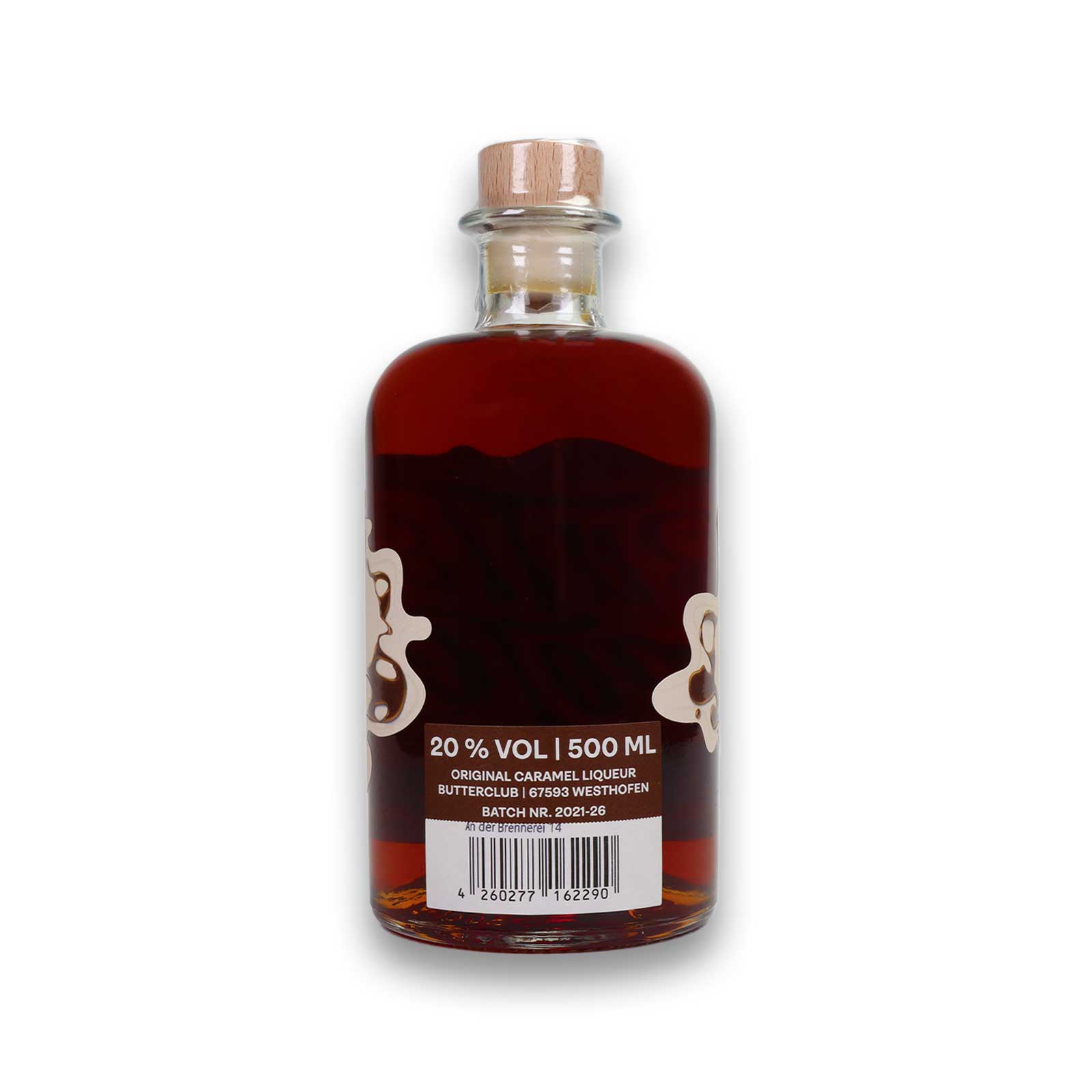 Etikett auf der 500ml Butterscotch Flasche mit Angabe über den Alkoholgehalt.