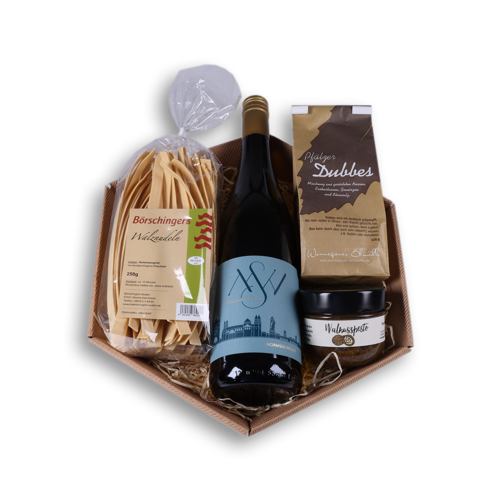 Wormser Präsentkorb klein mit Dubbes, Riesling No 1, Walznudeln und Walnusspesto